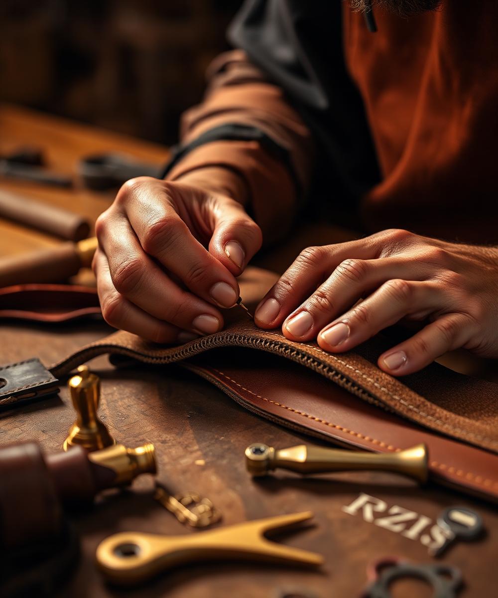 Artisan saddle-stitching brown leather with waxed thread at a workbench